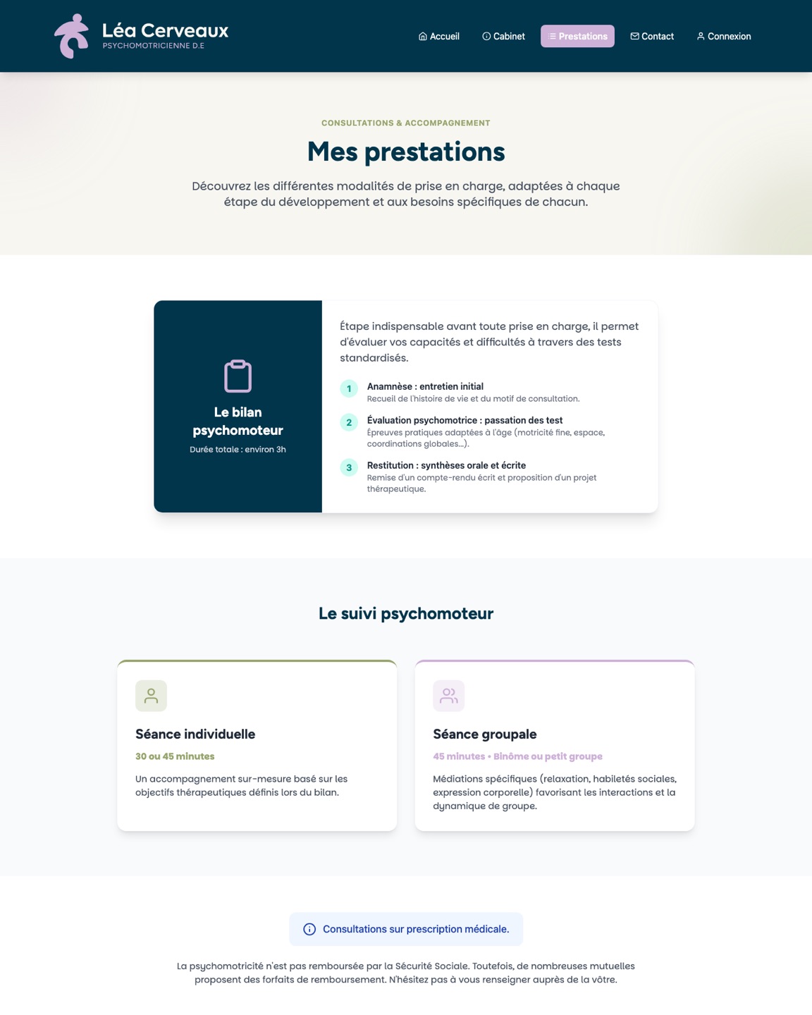 Page Prestations du site Léa Cerveaux, cabinet de psychomotricité